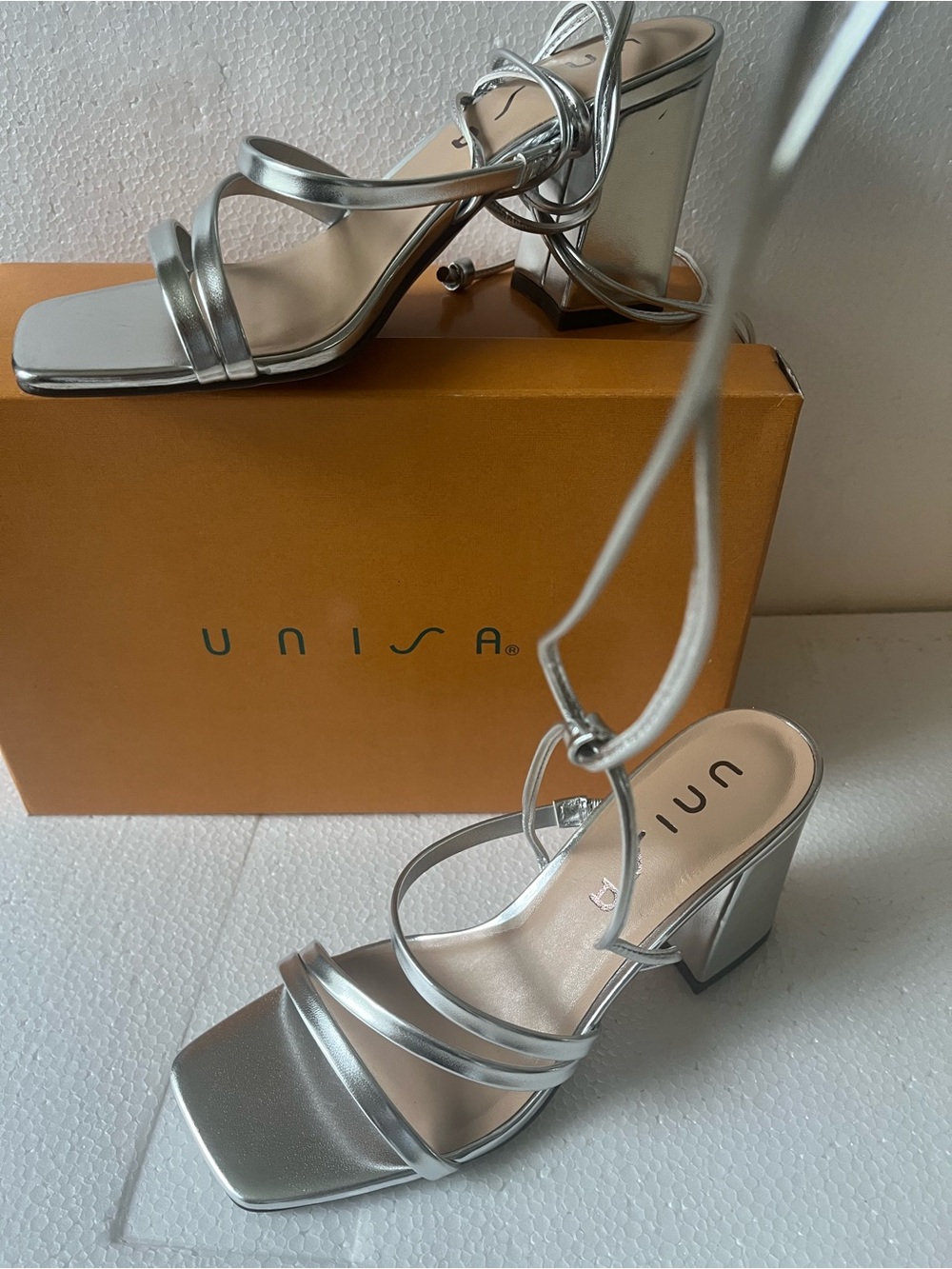 Unisa Silver Evening Sandals - ankle tie